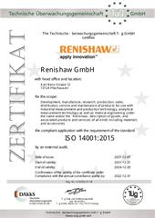 Product quality statement:  Certificate - Renishaw GmbH - U-02352-21-1/E - ISO 14001:2015